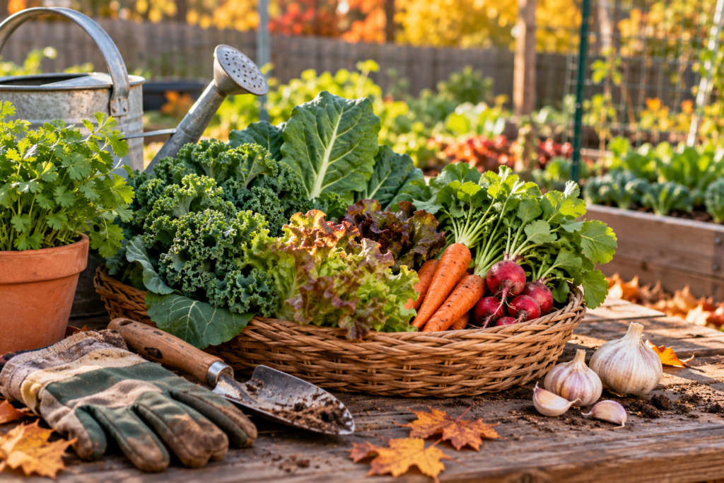 Autumn garden harvest of leafy greens, carrots, radishes, herbs, and garlic on a wooden garden bench