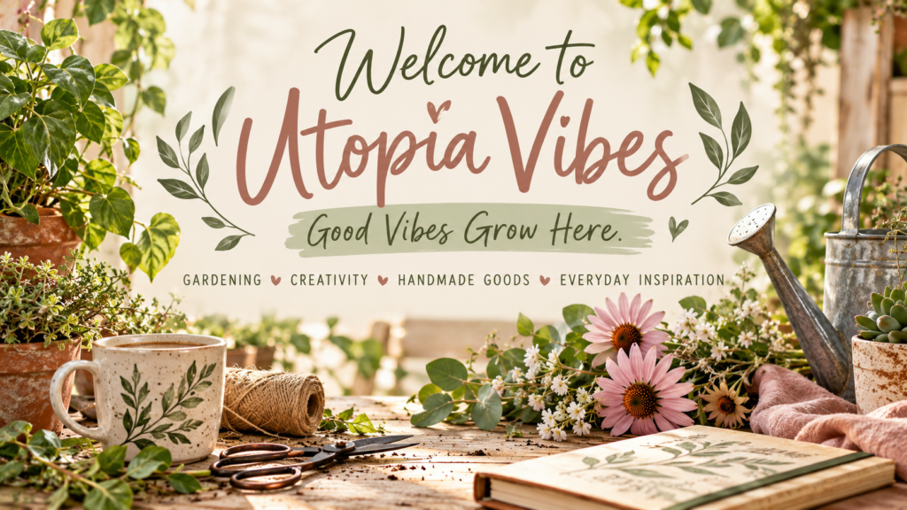 Welcome to Utopia Vibes botanical banner with garden plants, handmade crafts, and Good Vibes Grow Here tagline