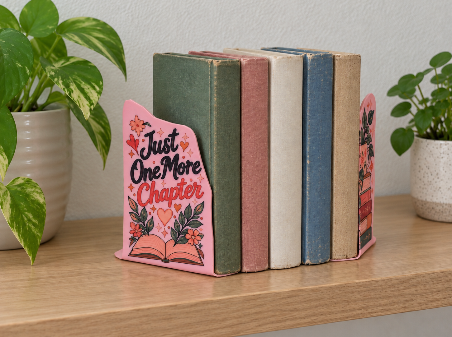 Pink botanical bookends holding upright books on a wooden shelf beside potted plants