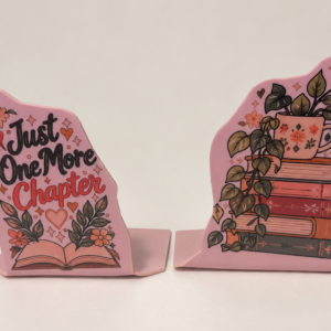 Pink botanical bookend pair with Just One More Chapter lettering and a books-and-plants illustration