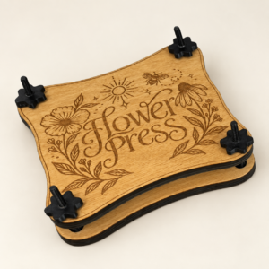 Wooden flower press with floral, bee and sun engraving and four black corner screws