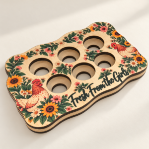 Fresh From the Girls floral wooden egg holder with two chickens, six openings and thin layered construction