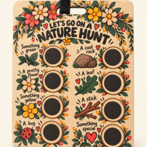 Floral wooden nature hunt board with eight prompts and an attached chalk marker