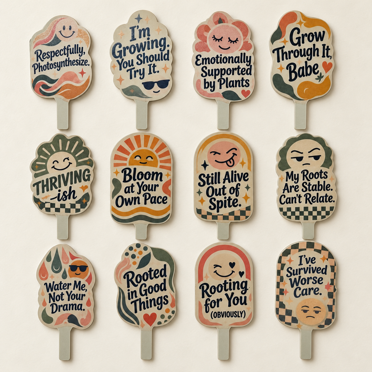Twelve acrylic plant-stake designs with playful plant sayings